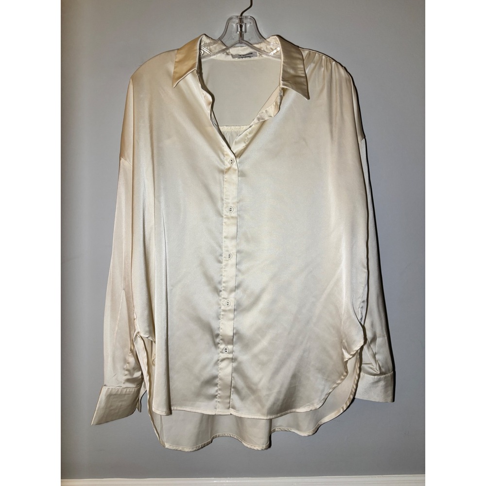 The Workshop Satin Button Down Shirt Women Cream‎ Ivory Oversized Long Sleeve L